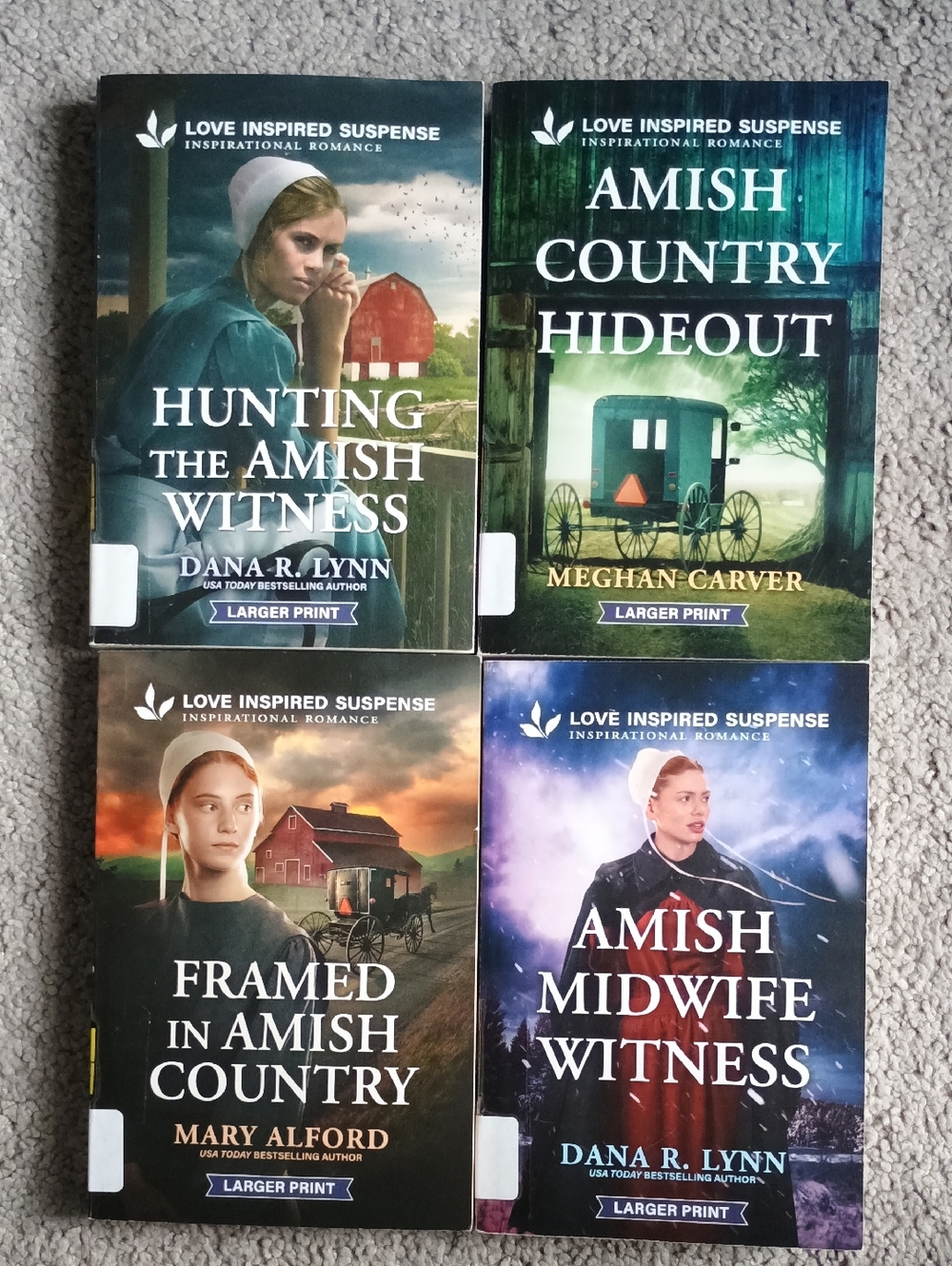 (4) Amish suspense paperback books, larger print